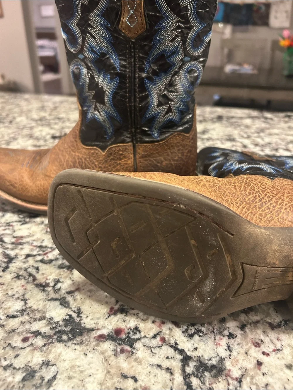 Ariat Brown and Black Western Cowboy Boots with Blue Stitching- 4Y